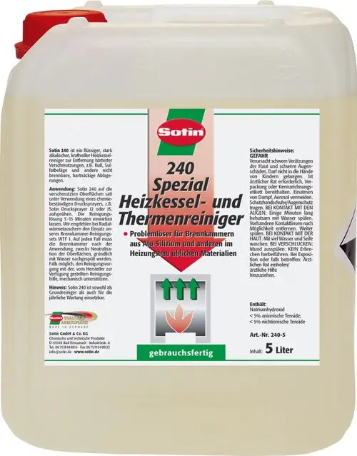 Fünf Liter Behälter mit Sotin Heizkessel- und Thermenreiniger, alkalisch, für die Reinigung von Brennkammern aus Aluminium und anderen Materialien. Marke: Sotin.